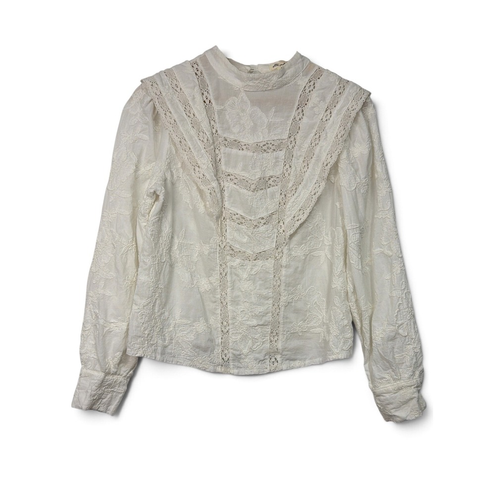 Ultra Pink White Embroidered Lace Victorian Mock Neck Cotton Blouse Top Medium